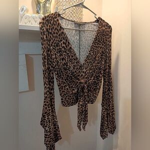 Olivaceous Leopard Tie-Front Blouse - Brown & Black